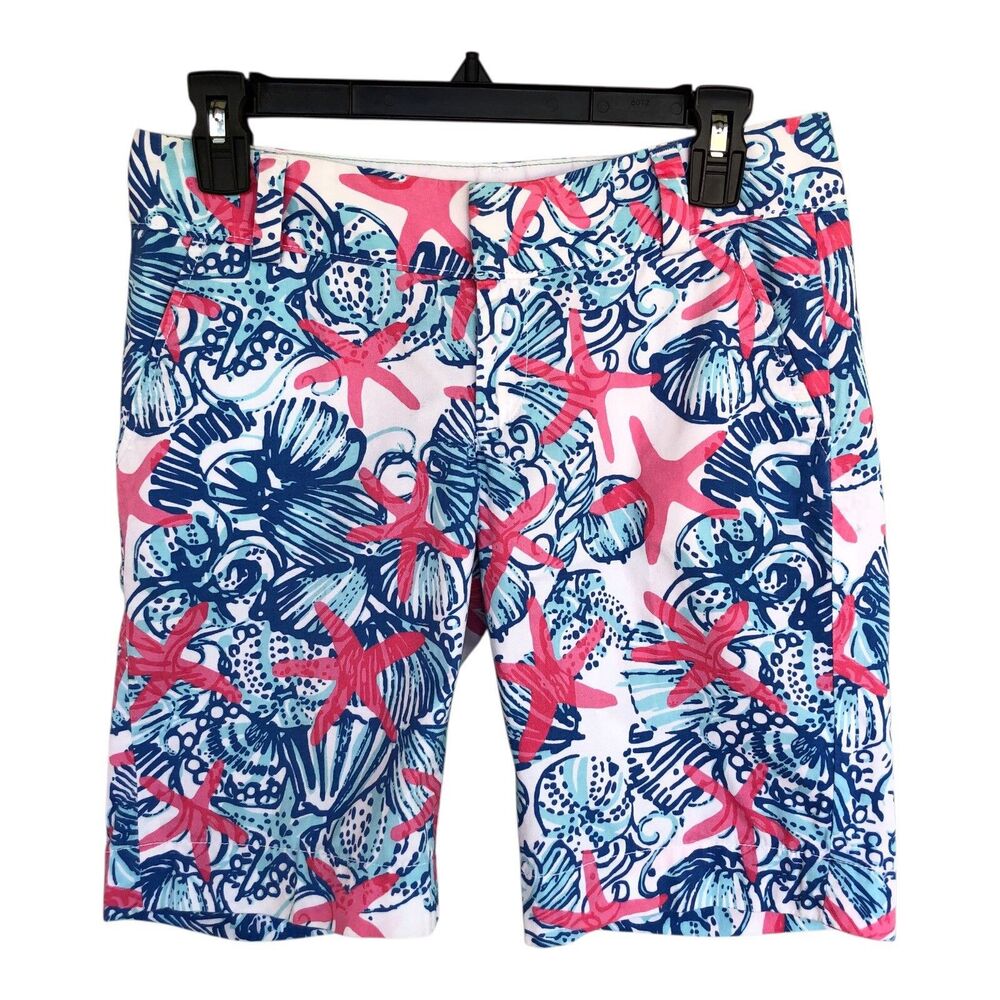 Lilly Pulitzer Chipper Bermuda Shorts Womens 0 Blue Pink Starfish Print Vacation